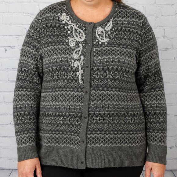 Eddie Bauer Sweaters - Eddie Bauer Cardigan Women XL Gray Plaid Strip Wool Cashemere Blend Cable Knit